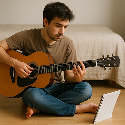 هنرجوی گیتار در حال تمرین با تمرکز و برنامه‌ریزی